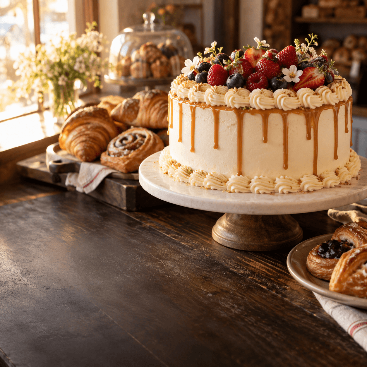 Berry-topped celebration cake and pastries in a warm bakery